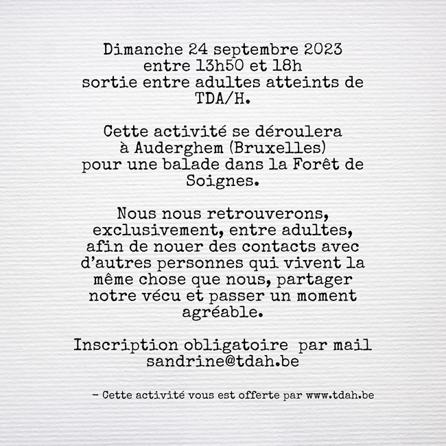 Dimanche 24 septembre sortie entre adultes TDA/H à Auderghem - TDA/H.be